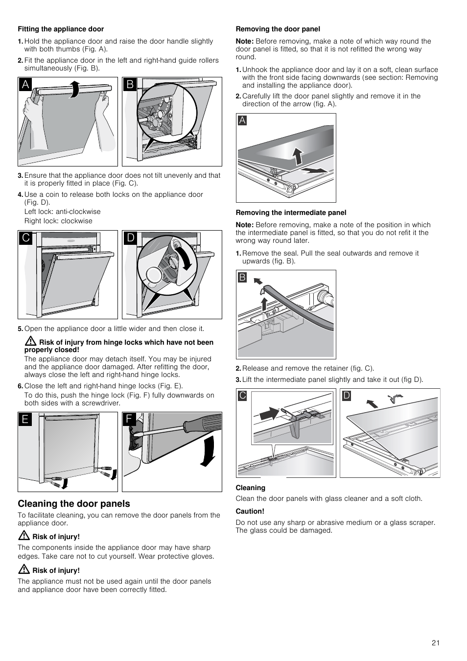 Fitting the appliance door, Left lock: anti-clockwise, Right lock: clockwise | Close the left and right-hand hinge locks (fig. e), Cleaning the door panels, Risk of injury, Removing the door panel, Note, Removing the intermediate panel, Release and remove the retainer (fig. c) | Neff B45M52N3GB User Manual | Page 21 / 28