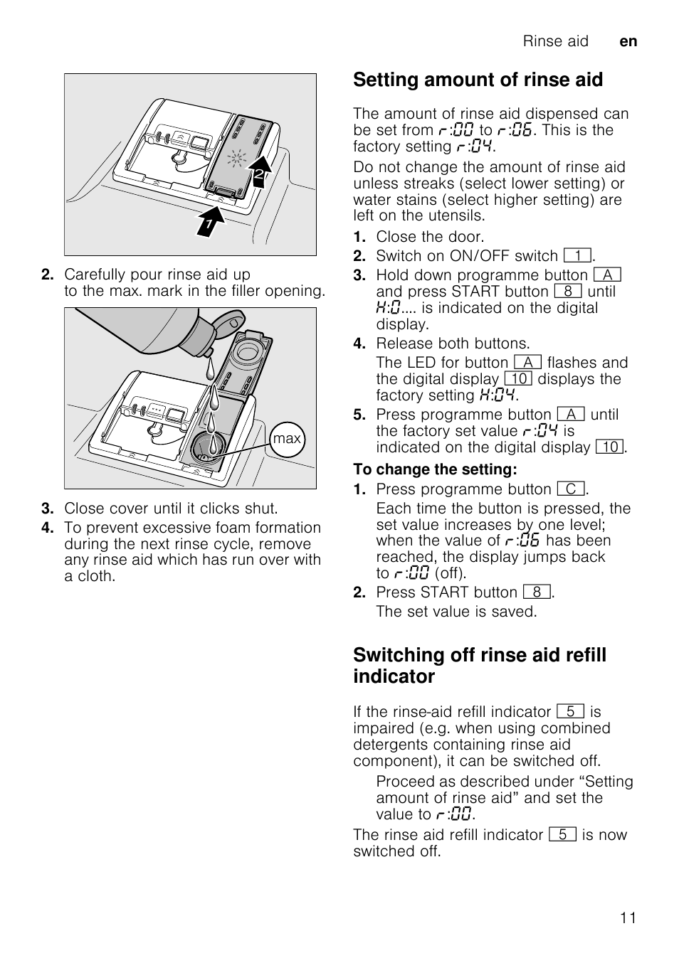 Unloading the dishwasher, Note, Cups and glasses | Top basket 1, Pans, Bottom basket 1r, Cutlery basket, Setting amount of rinse aid, Switching off rinse aid refill indicator | Neff S66M63N1GB User Manual | Page 11 / 37