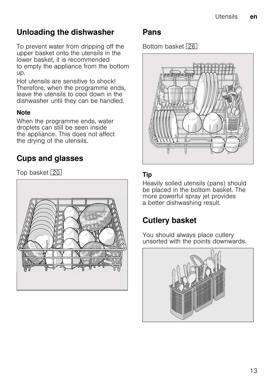 Note, M warning, Adding detergent | Unloading the dishwasher, Cups and glasses, Pans, Cutlery basket | Neff S66M63N1GB User Manual | Page 13 / 37