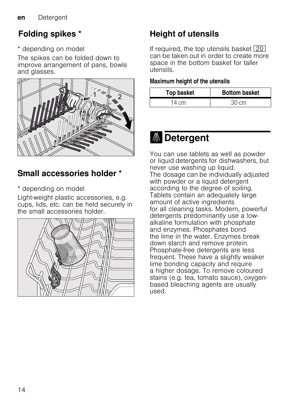Combination detergent, Notes, Detergent | Folding spikes, Small accessories holder, Height of utensils | Neff S66M63N1GB User Manual | Page 14 / 37