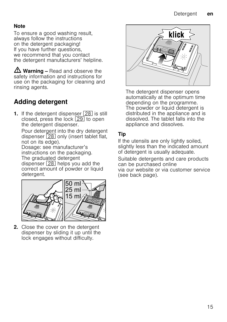 Overview of programmes, Type of utensils, Type of soiling | Programme, Possible additional options, Programme sequence, Adding detergent, Po  po  po | Neff S66M63N1GB User Manual | Page 15 / 37