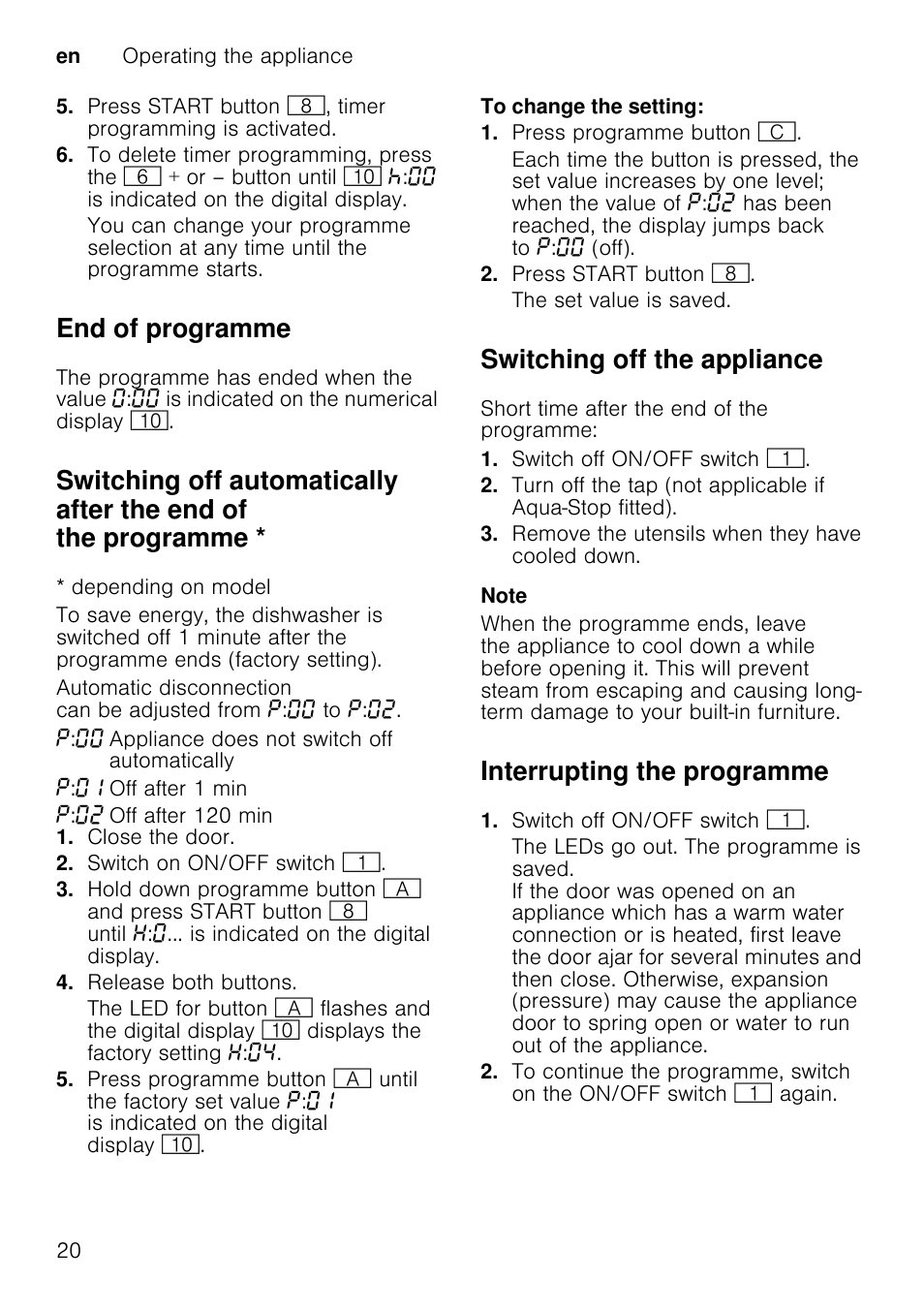 M warning, Health hazard, Special salt and rinse aid | Filters, Spray arms, Unscrew the upper spray arm 1, Remove the lower spray arm 12 upwards, End of programme, Switching off the appliance, Interrupting the programme | Neff S66M63N1GB User Manual | Page 20 / 37
