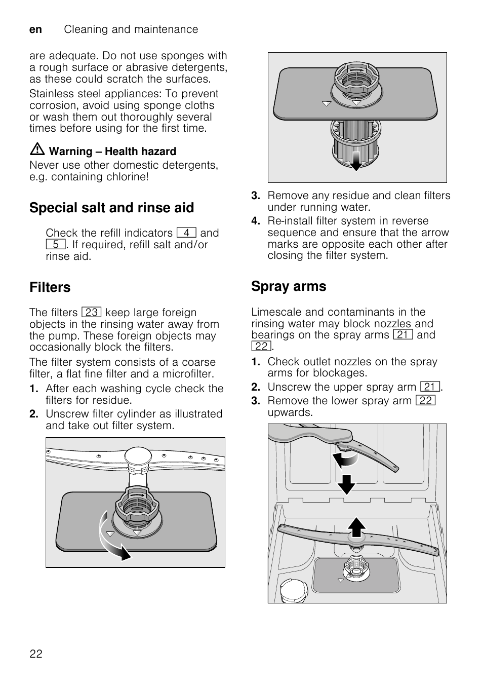 Fault table, Fault, Cause | Remedial action, Special salt and rinse aid, Filters, Spray arms | Neff S66M63N1GB User Manual | Page 22 / 37