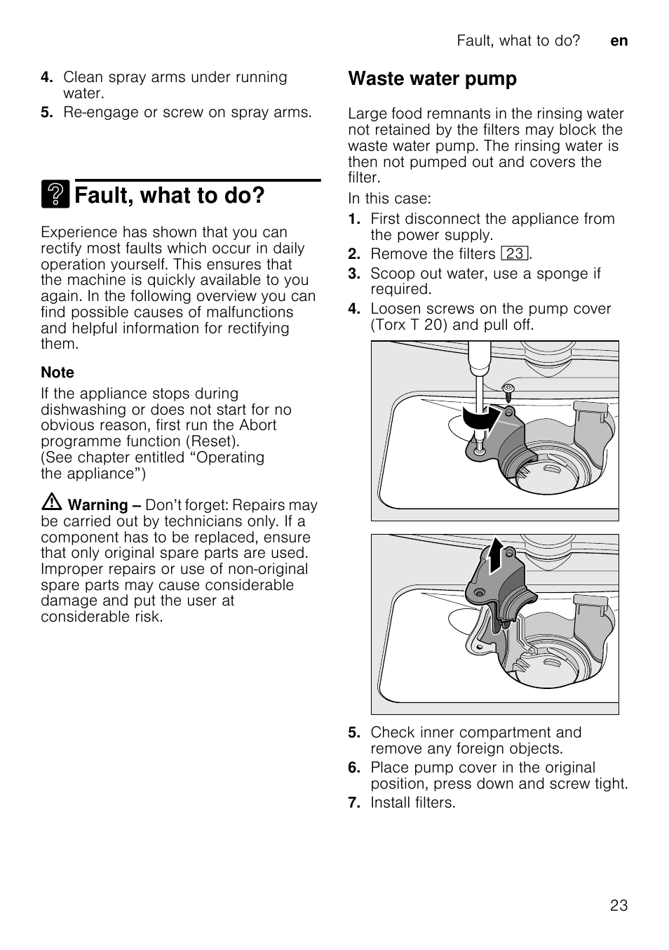 Fault, what to do, Waste water pump | Neff S66M63N1GB User Manual | Page 23 / 37