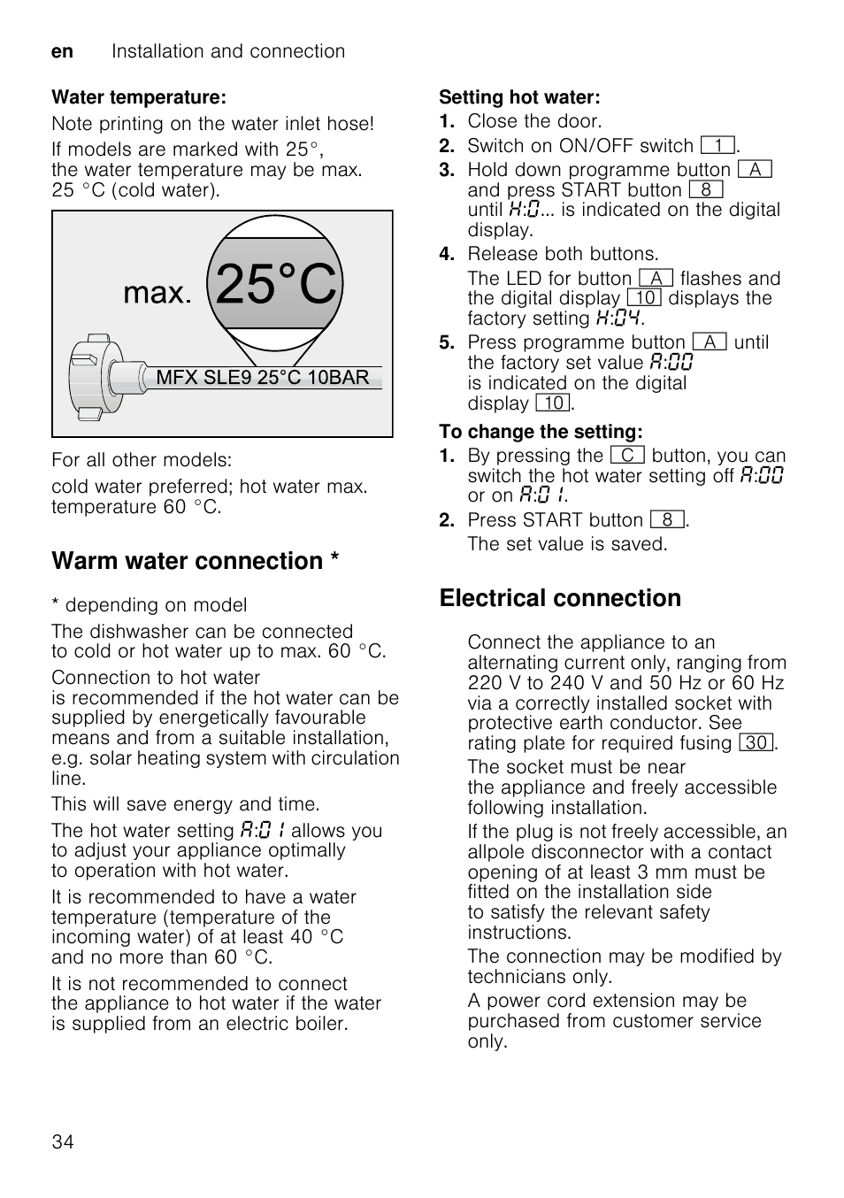 Warm water connection, Electrical connection | Neff S66M63N1GB User Manual | Page 34 / 37