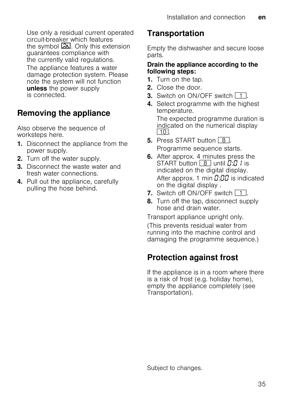 Removing the appliance, Transportation, Protection against frost | Neff S66M63N1GB User Manual | Page 35 / 37