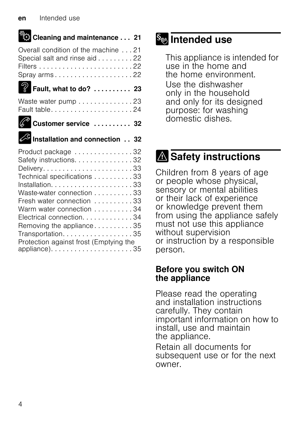 In daily use, Childproof lock (door lock)door lock, Depending on model | Childproof lock (button lock)button lock, Activating the button lock, Start the required programme, Deactivating the button lock, Damage, Intended use, Safety instructions | Neff S66M63N1GB User Manual | Page 4 / 37