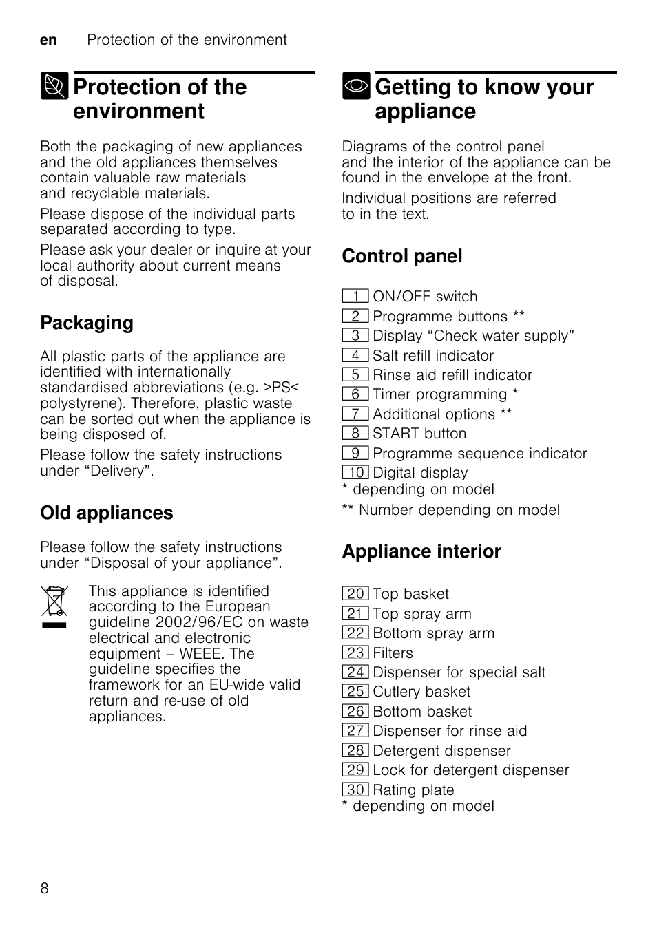 Using special salt, Open the screw-type cap of the compartment 1b, Depending on model | M caution, Rinse aid, Protection of the environment, Getting to know your appliance | Neff S66M63N1GB User Manual | Page 8 / 37