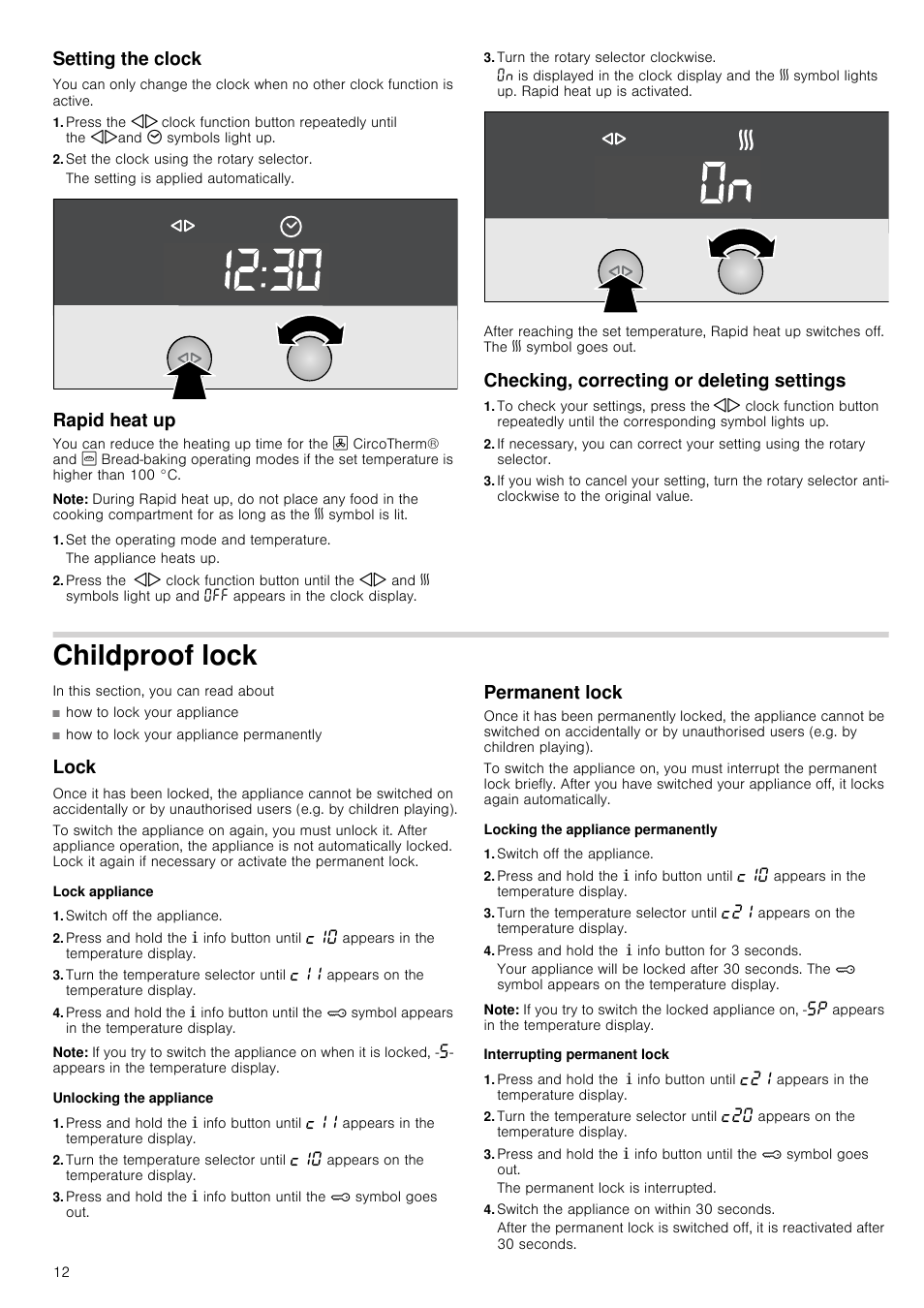 Setting the clock, Set the clock using the rotary selector, Rapid heat up | Note, Set the operating mode and temperature, Turn the rotary selector clockwise, Checking, correcting or deleting settings, Childproof lock, Lock, Lock appliance | Neff B45E54N3GB User Manual | Page 12 / 32