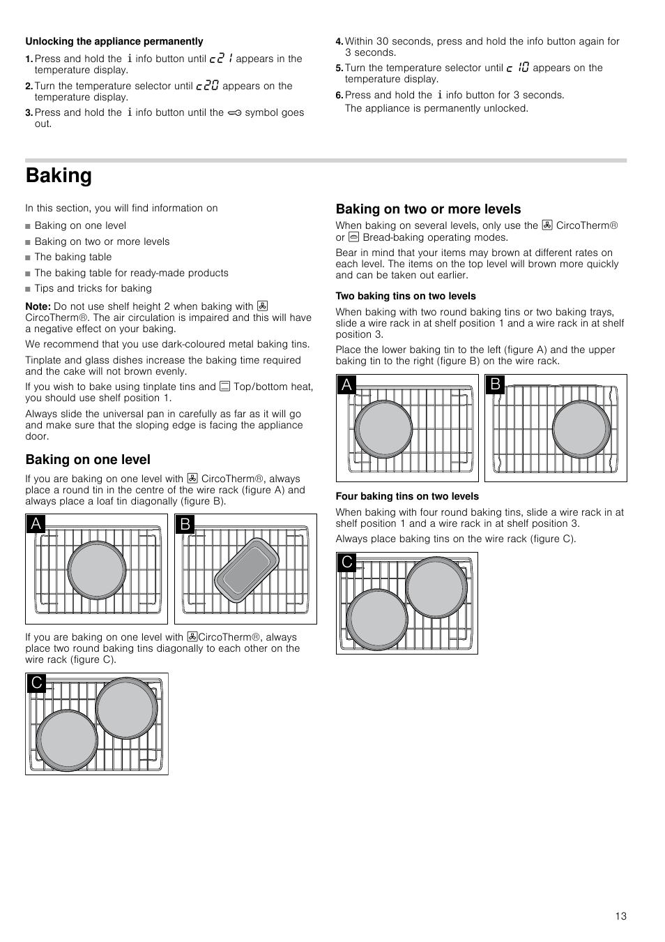 Unlocking the appliance permanently, Press and hold the ± info button for 3 seconds, Baking | Note, Baking on one level, Baking on two or more levels, Two baking tins on two levels, Four baking tins on two levels | Neff B45E54N3GB User Manual | Page 13 / 32