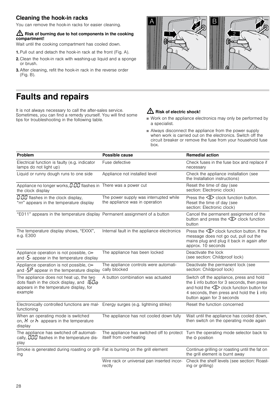 Cleaning the hook-in racks, Faults and repairs, Risk of electric shock | Neff B45E54N3GB User Manual | Page 28 / 32