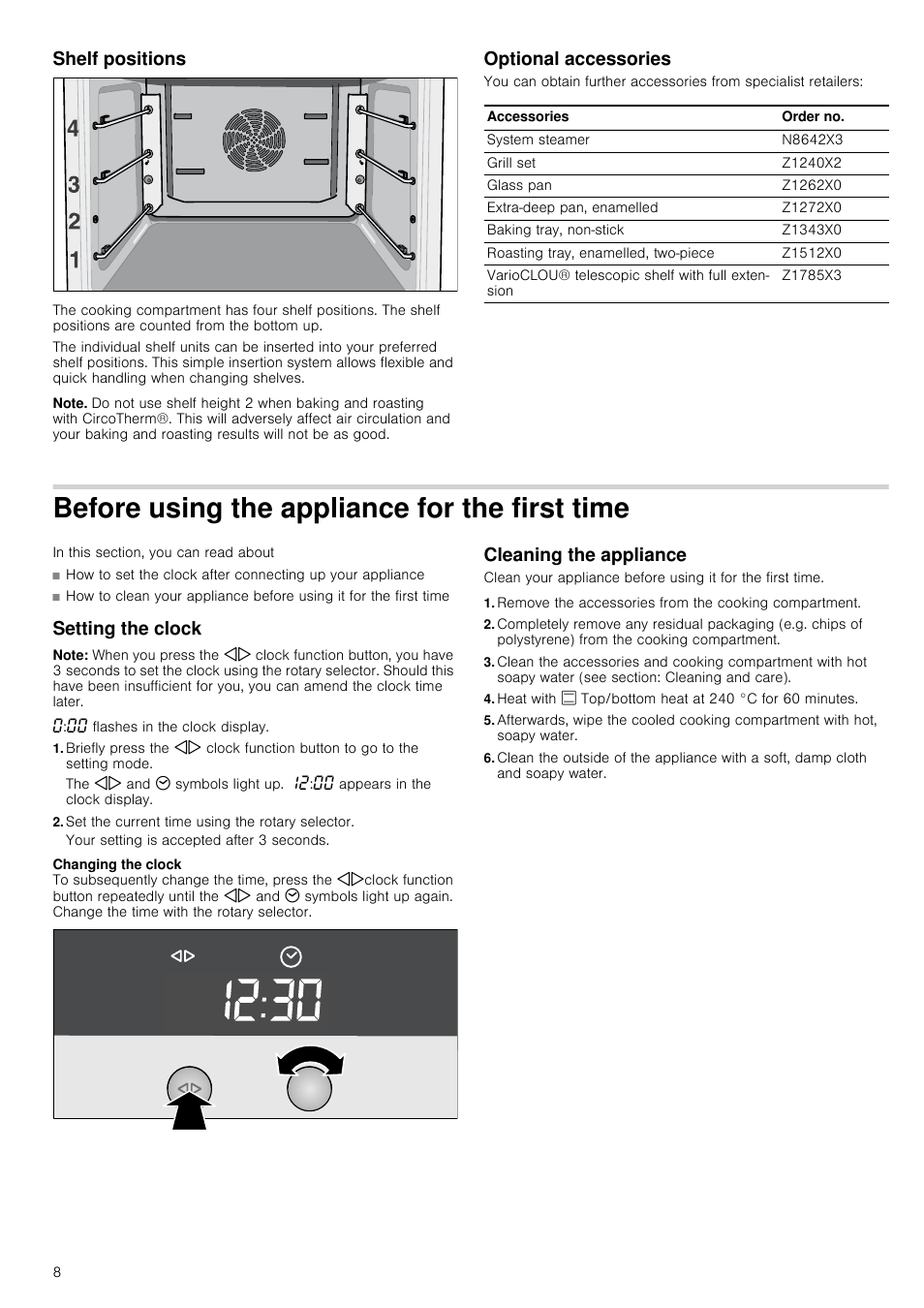 Shelf positions, Note, Optional accessories | Before using the appliance for the first time, Setting the clock, Set the current time using the rotary selector, Cleaning the appliance, Rst time setting the clock | Neff B45E54N3GB User Manual | Page 8 / 32