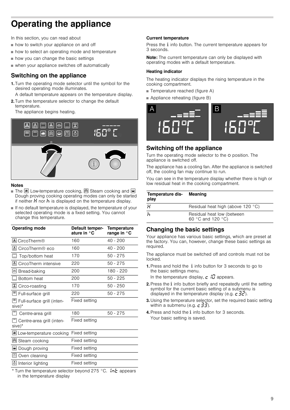 Operating the appliance, Switching on the appliance, Notes | Current temperature, Note, Heating indicator, Switching off the appliance, Changing the basic settings, Press and hold the ± info button for 3 seconds, Ating the appliance | Neff B45E54N3GB User Manual | Page 9 / 32