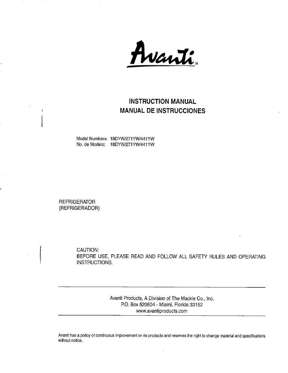 Avanti 271YW User Manual | 25 pages