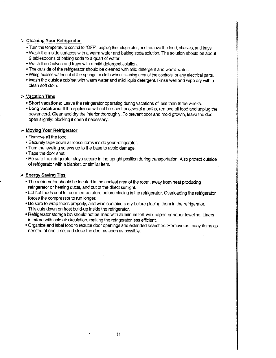 Vacation time, Moving your refrigerator, Energy saving tips | Operating your refrigerator | Avanti 271YW User Manual | Page 11 / 25