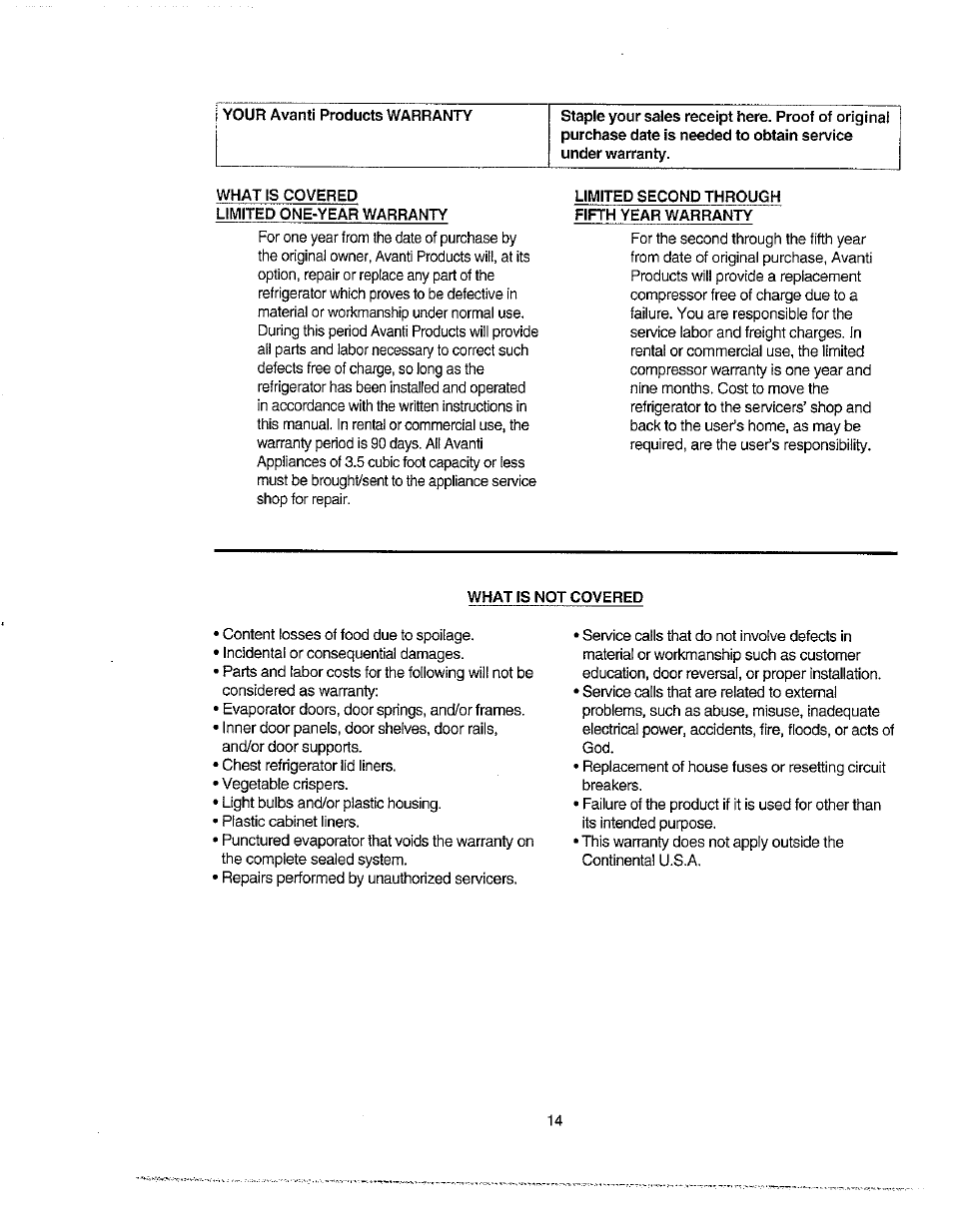 What is covered limited one-year warranty, Limited second through fifth year warranty, What is not covered | Avanti 271YW User Manual | Page 14 / 25