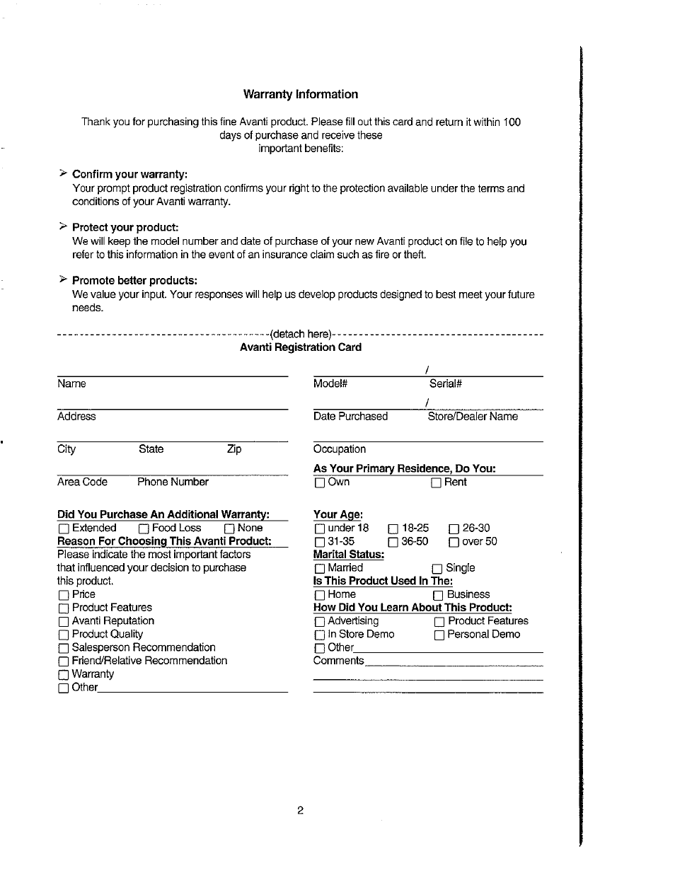 Confirm your warranty, Protect your product, Promote better products | Did you purchase an additional warranty, Your age | Avanti 271YW User Manual | Page 2 / 25