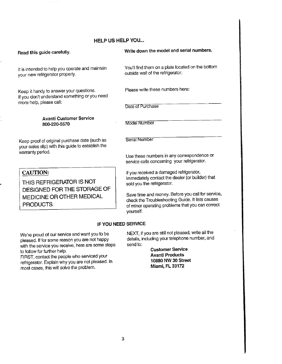 Help us help you, Write down the model and serial numbers, If you need service | Avanti 271YW User Manual | Page 3 / 25