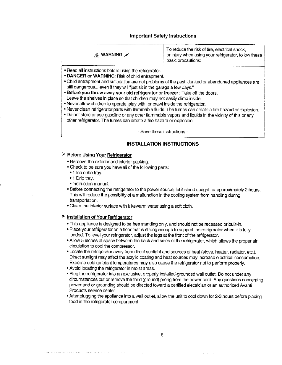 Before using your refrigerator, Installation of your refrigerator | Avanti 271YW User Manual | Page 6 / 25