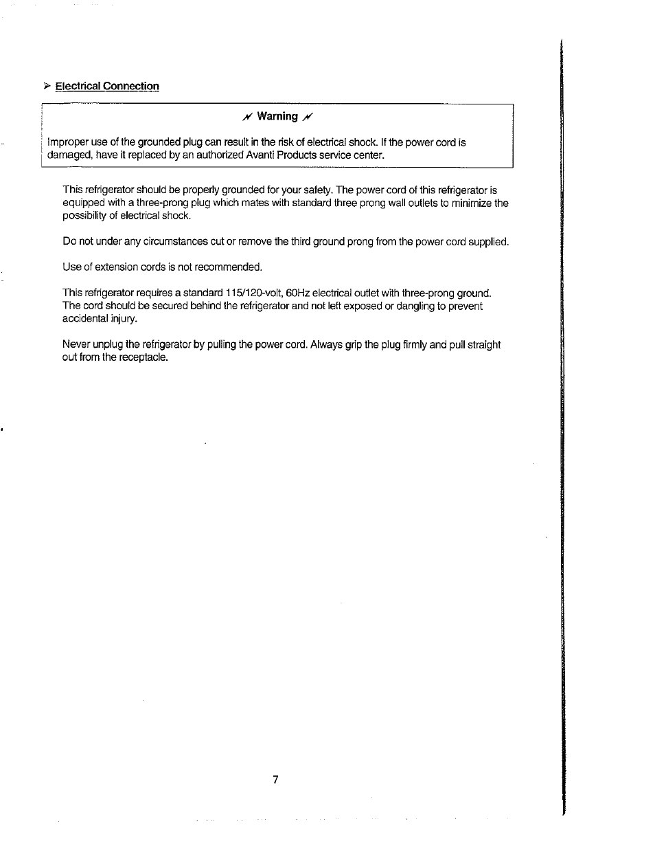 Electrical connection | Avanti 271YW User Manual | Page 7 / 25