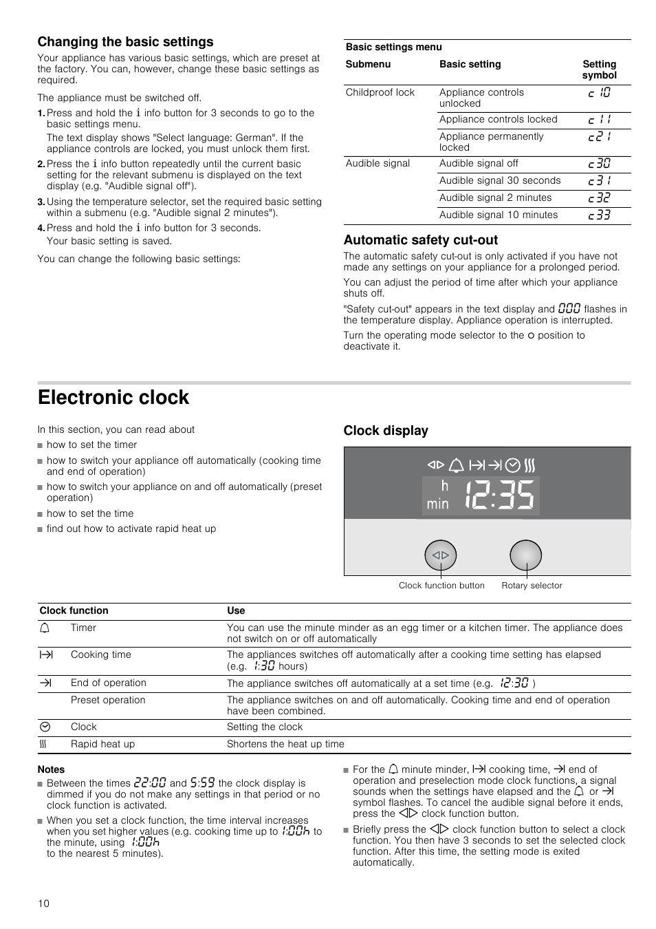 Changing the basic settings, Press and hold the ± info button for 3 seconds, Automatic safety cut-out | Electronic clock, Clock display, Notes | Neff B46E54N3GB User Manual | Page 10 / 32