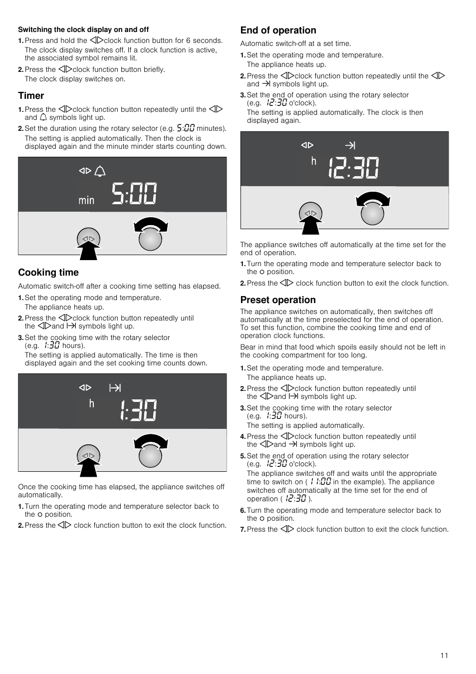 Switching the clock display on and off, Press the kjclock function button briefly, Timer | Cooking time, Set the operating mode and temperature, End of operation, Preset operation, Cooking time end of operation preset operation | Neff B46E54N3GB User Manual | Page 11 / 32