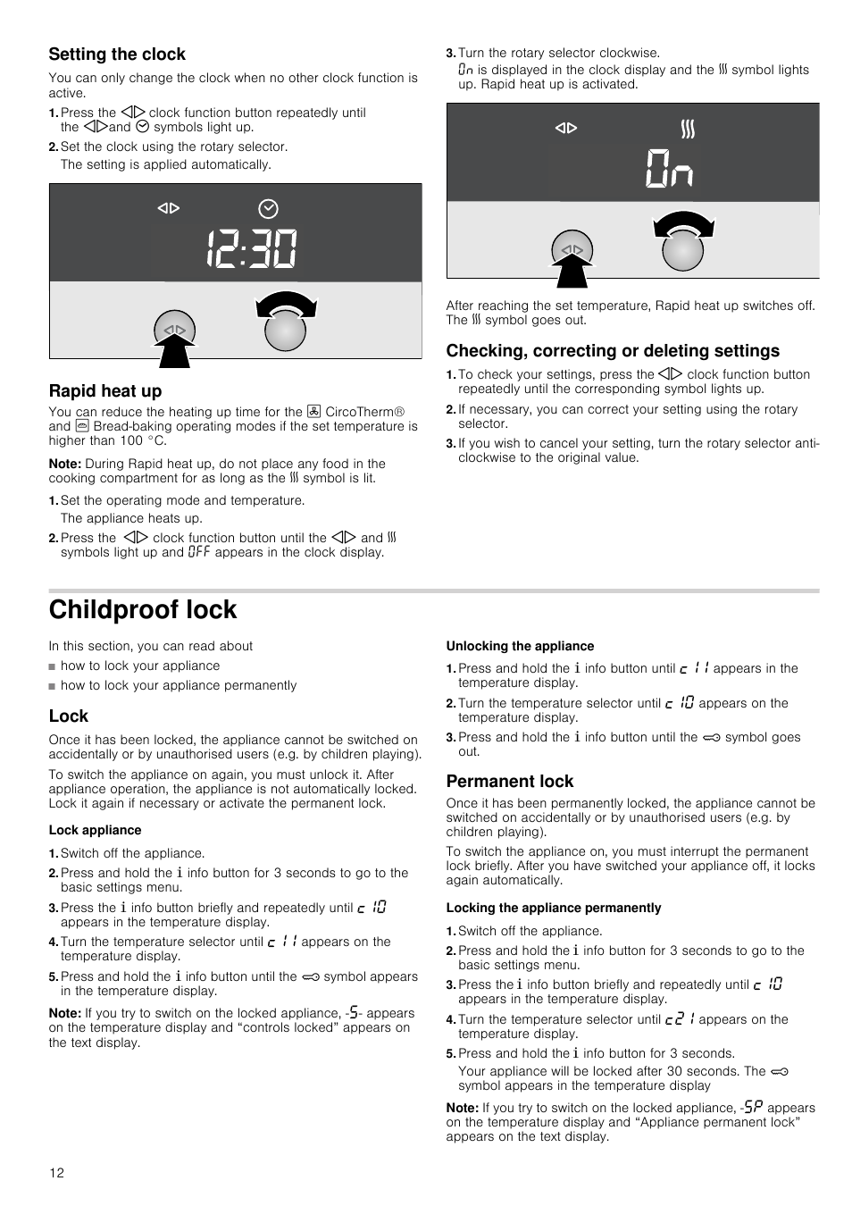 Setting the clock, Set the clock using the rotary selector, Rapid heat up | Note, Set the operating mode and temperature, Turn the rotary selector clockwise, Checking, correcting or deleting settings, Childproof lock, Lock, Lock appliance | Neff B46E54N3GB User Manual | Page 12 / 32