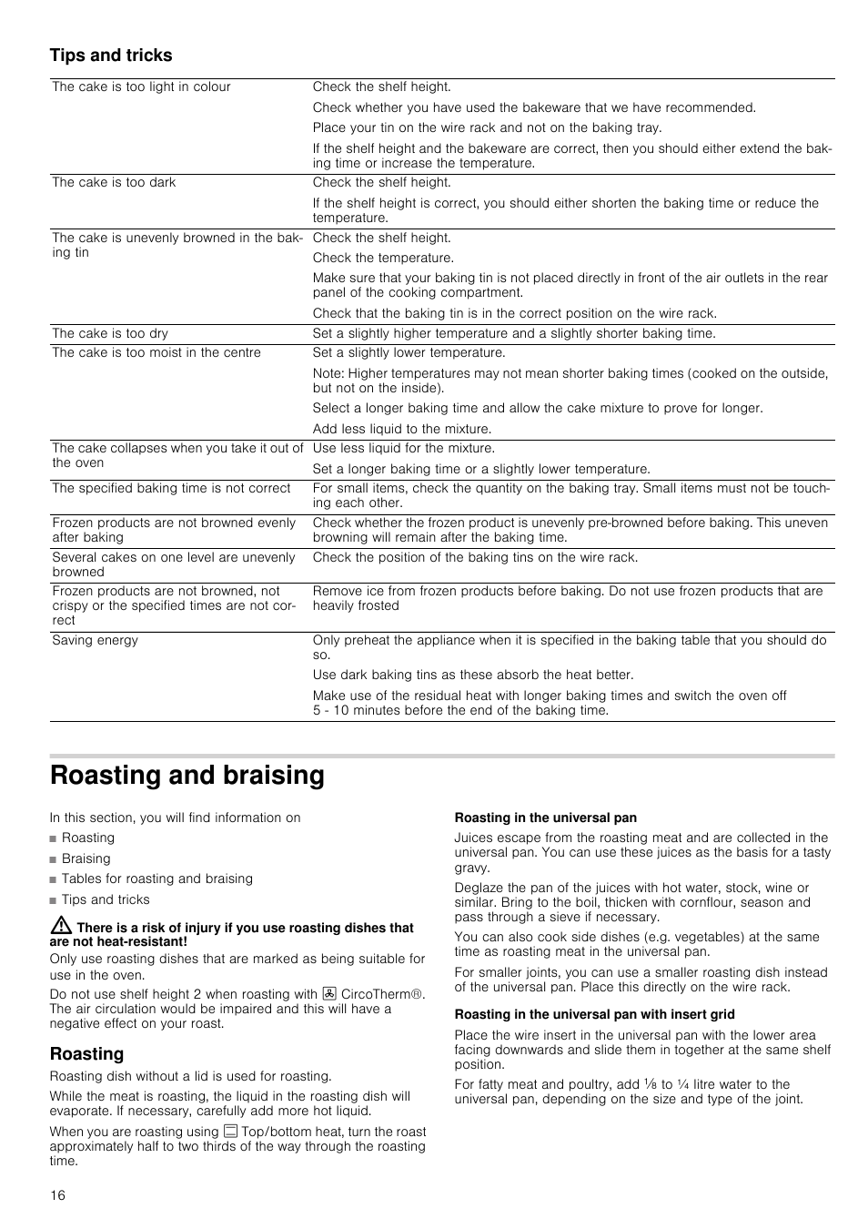 Tips and tricks, Roasting and braising, Roasting | Roasting in the universal pan, Roasting in the universal pan with insert grid | Neff B46E54N3GB User Manual | Page 16 / 32