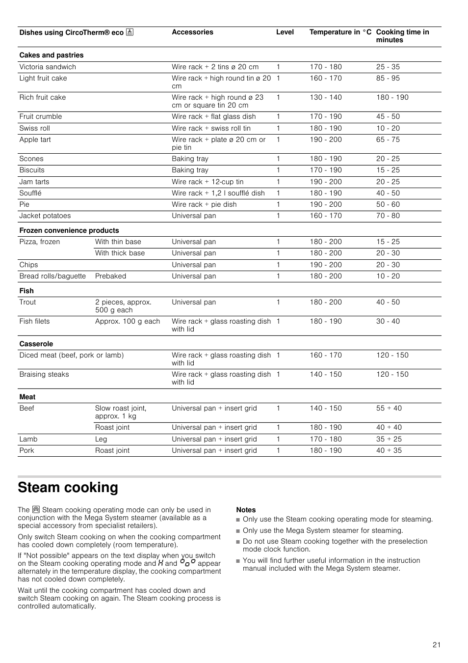 Steam cooking, Notes, Only use the mega system steamer for steaming | Neff B46E54N3GB User Manual | Page 21 / 32