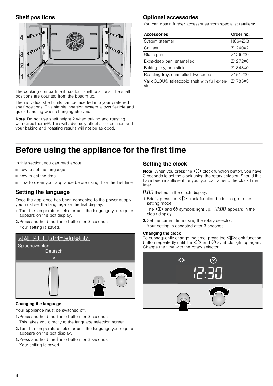 Shelf positions, Note, Optional accessories | Before using the appliance for the first time, Setting the language, Press and hold the ± info button for 3 seconds, Changing the language, Setting the clock, Set the current time using the rotary selector, Rst time | Neff B46E54N3GB User Manual | Page 8 / 32