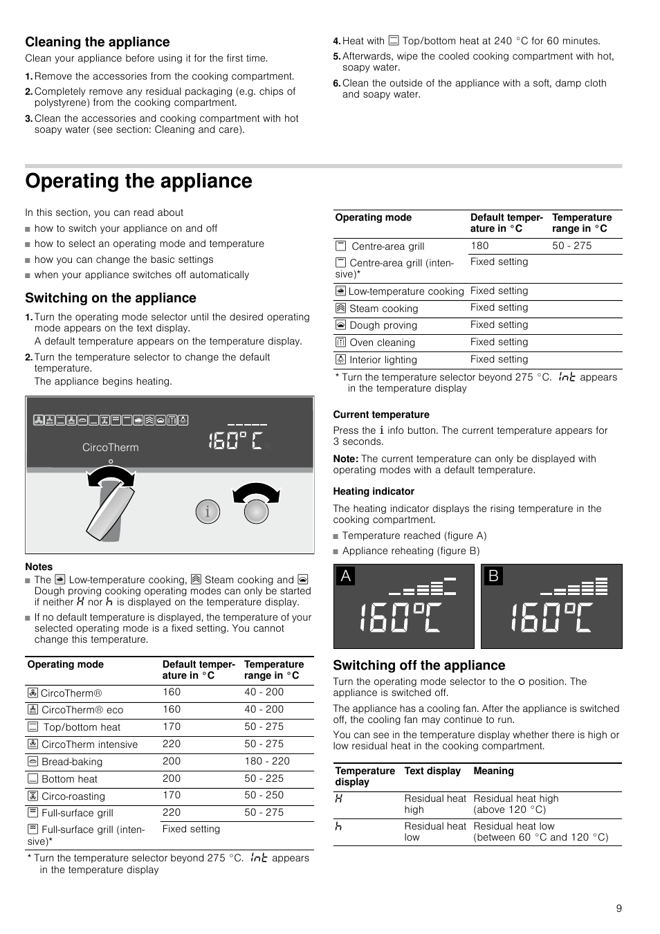 Cleaning the appliance, Operating the appliance, Switching on the appliance | Notes, Current temperature, Note, Heating indicator, Switching off the appliance, Ating the appliance | Neff B46E54N3GB User Manual | Page 9 / 32