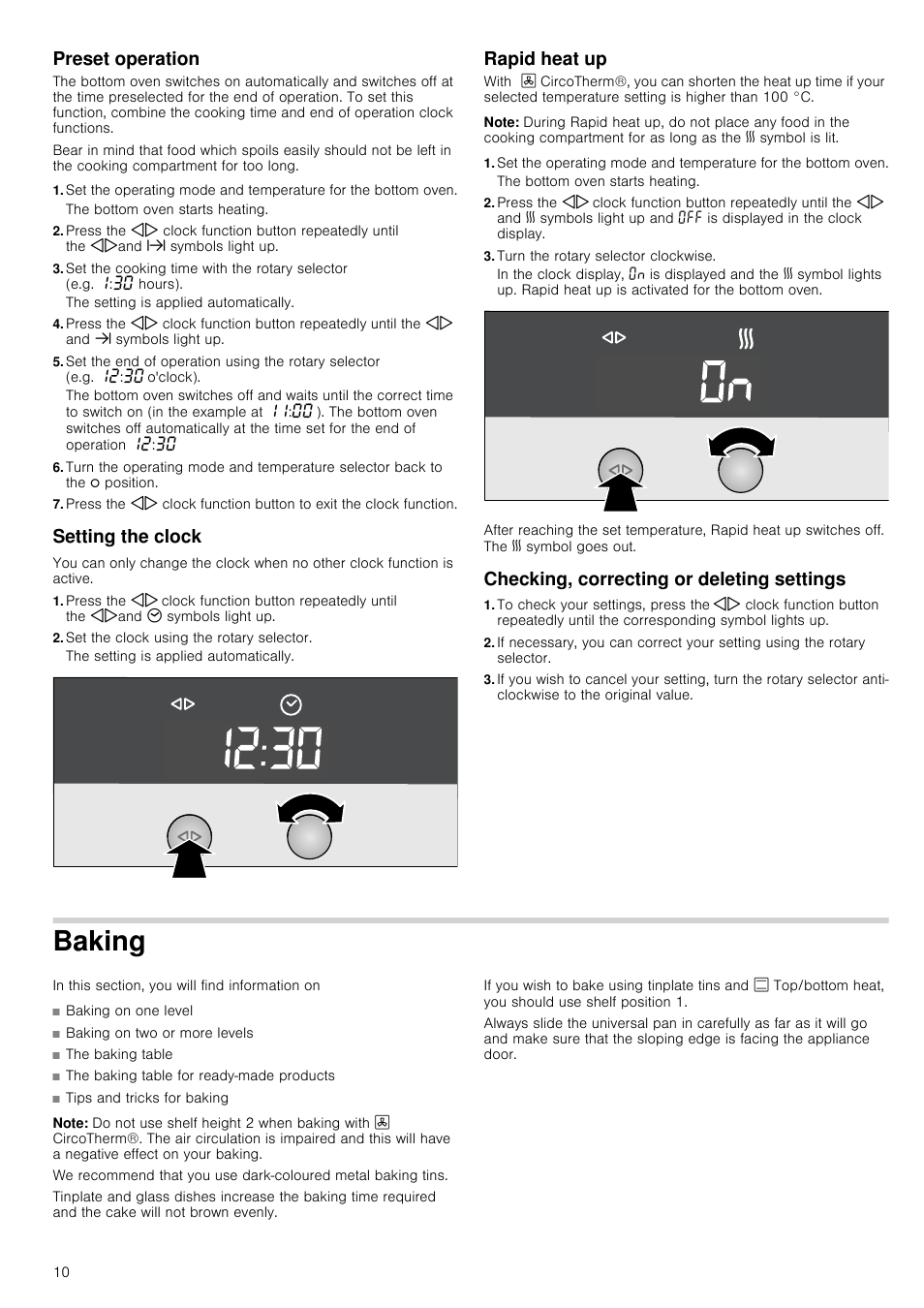 Preset operation, Setting the clock, Set the clock using the rotary selector | Rapid heat up, Note, Turn the rotary selector clockwise, Checking, correcting or deleting settings, Baking, Preset operation setting the clock | Neff U17M52S3GB User Manual | Page 10 / 28