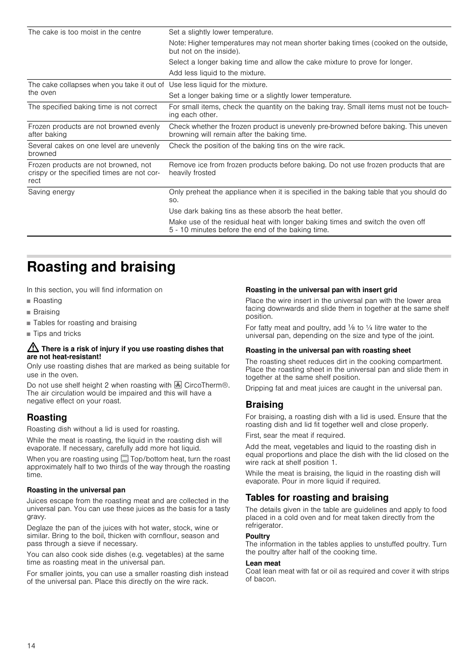 Roasting and braising, Roasting, Roasting in the universal pan | Roasting in the universal pan with insert grid, Roasting in the universal pan with roasting sheet, Braising, Tables for roasting and braising | Neff U17M52S3GB User Manual | Page 14 / 28