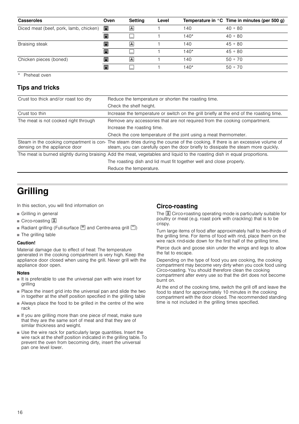 Tips and tricks, Grilling, Caution | Material damage due to effect of heat, Notes, Circo-roasting | Neff U17M52S3GB User Manual | Page 16 / 28