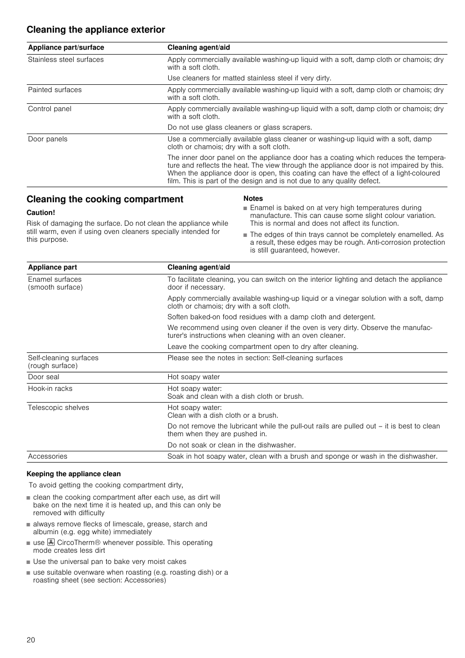 Cleaning the appliance exterior, Cleaning the cooking compartment, Caution | Notes, Keeping the appliance clean | Neff U17M52S3GB User Manual | Page 20 / 28