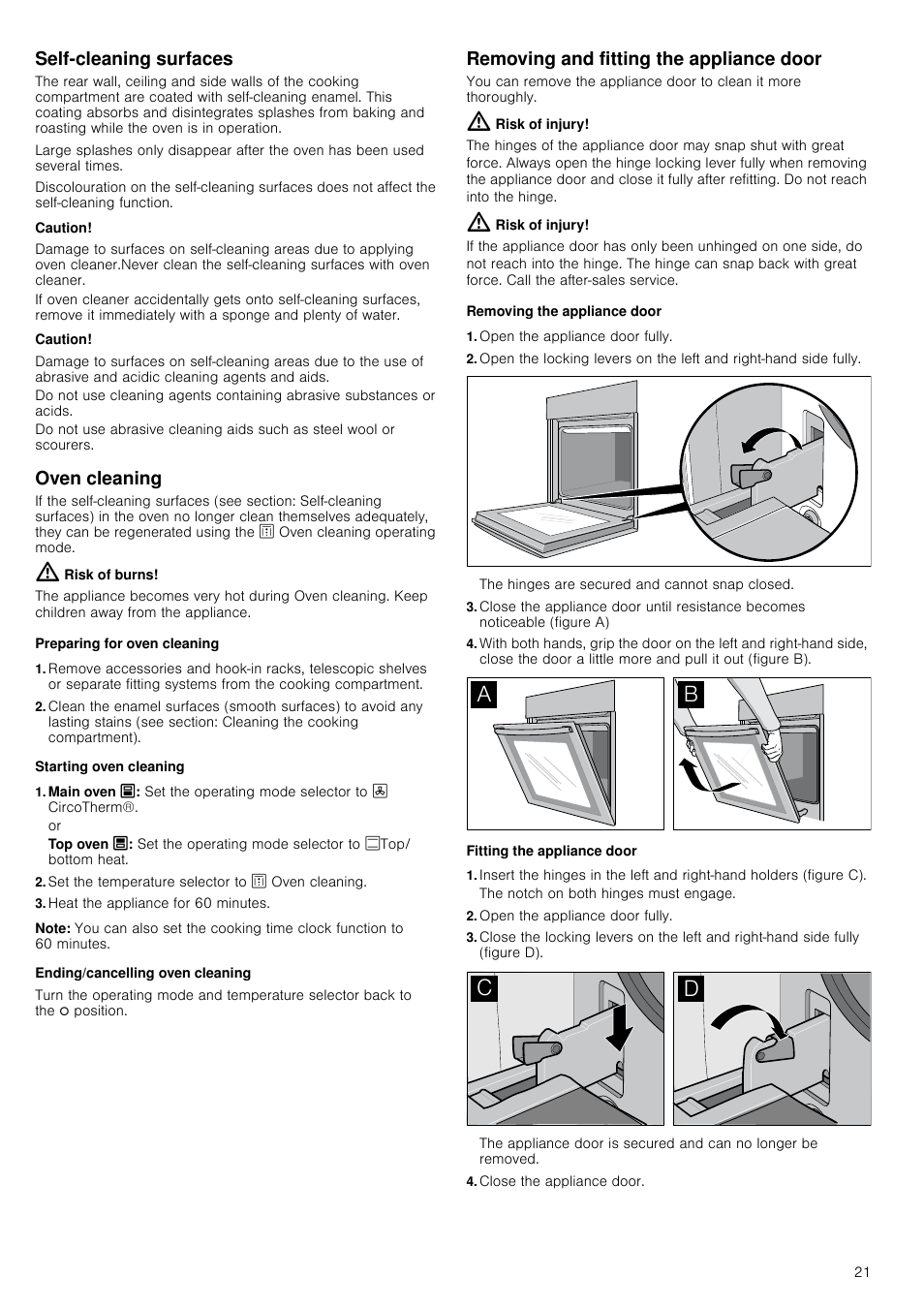 Self-cleaning surfaces, Caution, Oven cleaning | Risk of burns, Preparing for oven cleaning, Starting oven cleaning, Set the temperature selector to z oven cleaning, Heat the appliance for 60 minutes, Note, Ending/cancelling oven cleaning | Neff U17M52S3GB User Manual | Page 21 / 28