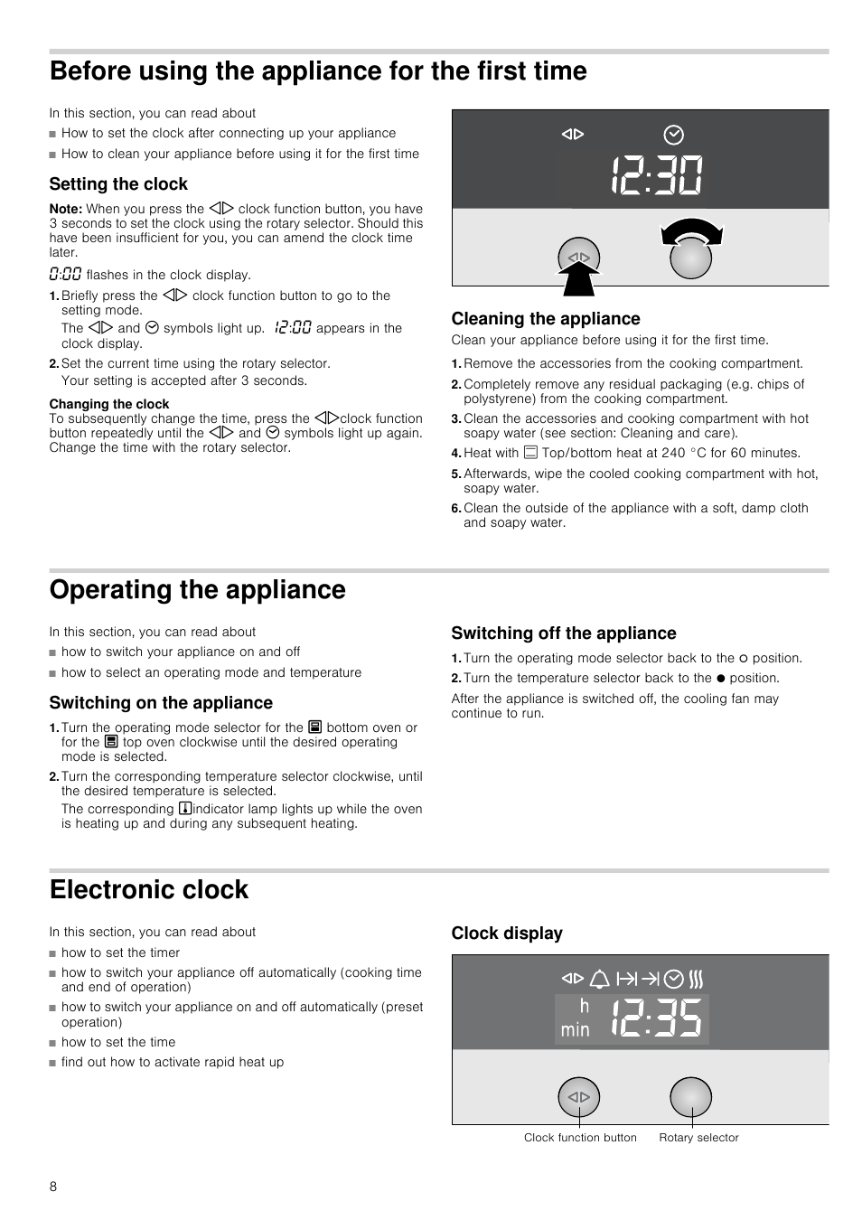 Before using the appliance for the first time, Setting the clock, Note | Set the current time using the rotary selector, Cleaning the appliance, Operating the appliance, Switching on the appliance, Switching off the appliance, Electronic clock, Clock display | Neff U17M52S3GB User Manual | Page 8 / 28