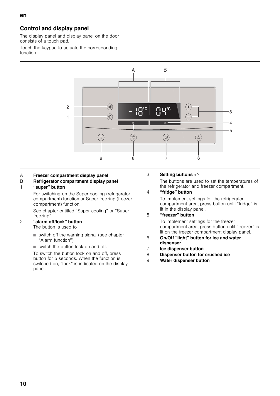 Control and display panel, En 10 control and display panel | Neff K5920L0GB User Manual | Page 10 / 26