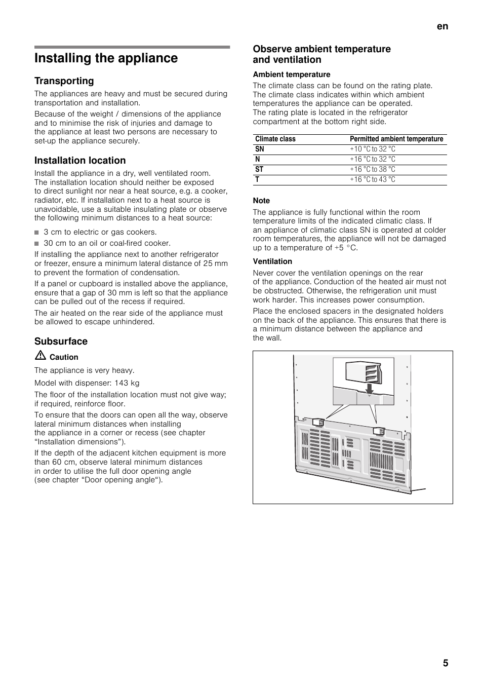 Installing the appliance, Transporting, Installation location | Subsurface, Observe ambient temperature and ventilation, Ambient temperature, Ventilation | Neff K5920L0GB User Manual | Page 5 / 26