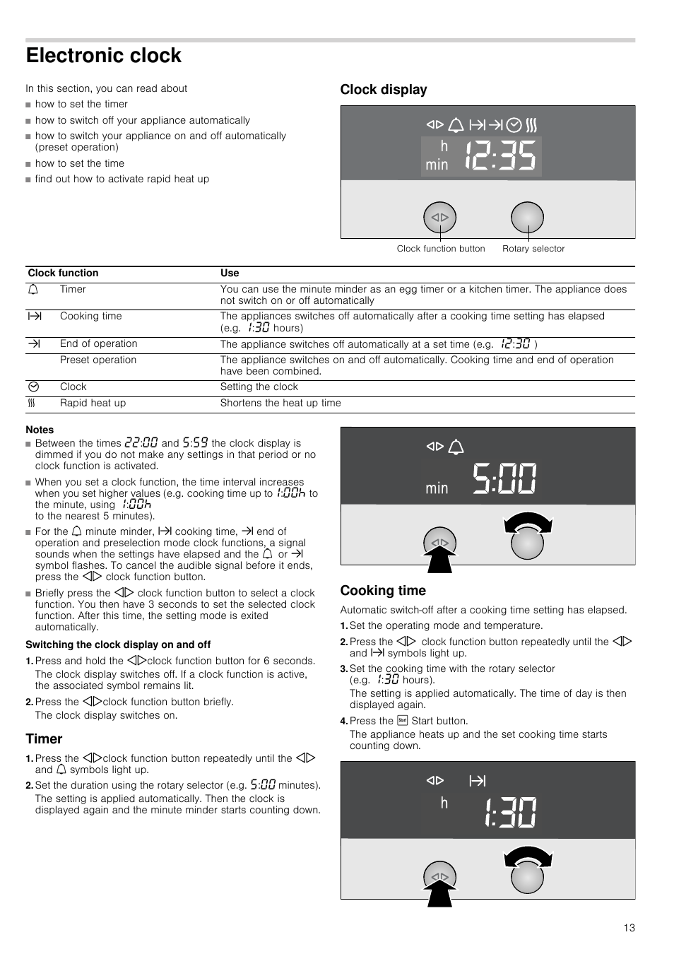 Electronic clock, Clock display, Notes | Switching the clock display on and off, Press the kjclock function button briefly, Timer, Cooking time, Set the operating mode and temperature, Press the ƒ start button | Neff B45C52N3GB User Manual | Page 13 / 36