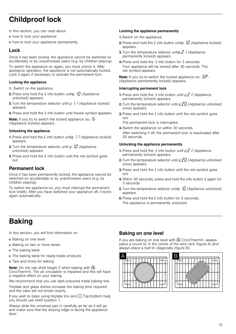 Childproof lock, Lock, Locking the appliance | Switch on the appliance, Note, Unlocking the appliance, Permanent lock, Locking the appliance permanently, Press and hold the ± info button for 3 seconds, Interrupting permanent lock | Neff B45C52N3GB User Manual | Page 15 / 36