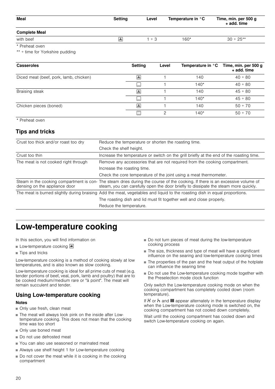 Tips and tricks, Low-temperature cooking, Using low-temperature cooking | Notes | Neff B45C52N3GB User Manual | Page 20 / 36