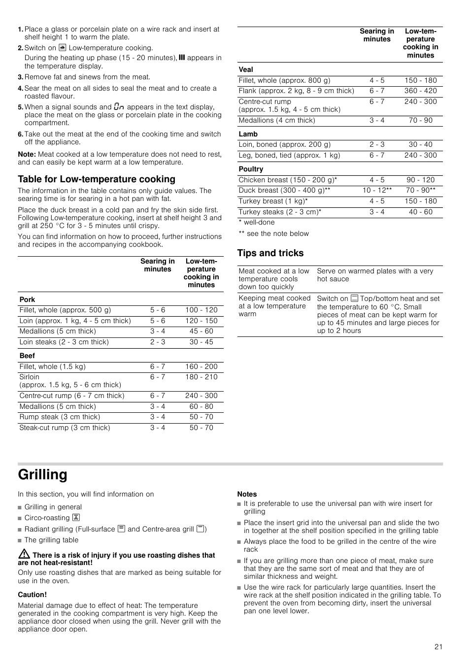 Switch on / low-temperature cooking, Remove fat and sinews from the meat, Note | Table for low-temperature cooking, Tips and tricks, Grilling, Caution, Material damage due to effect of heat, Notes, Illing | Neff B45C52N3GB User Manual | Page 21 / 36