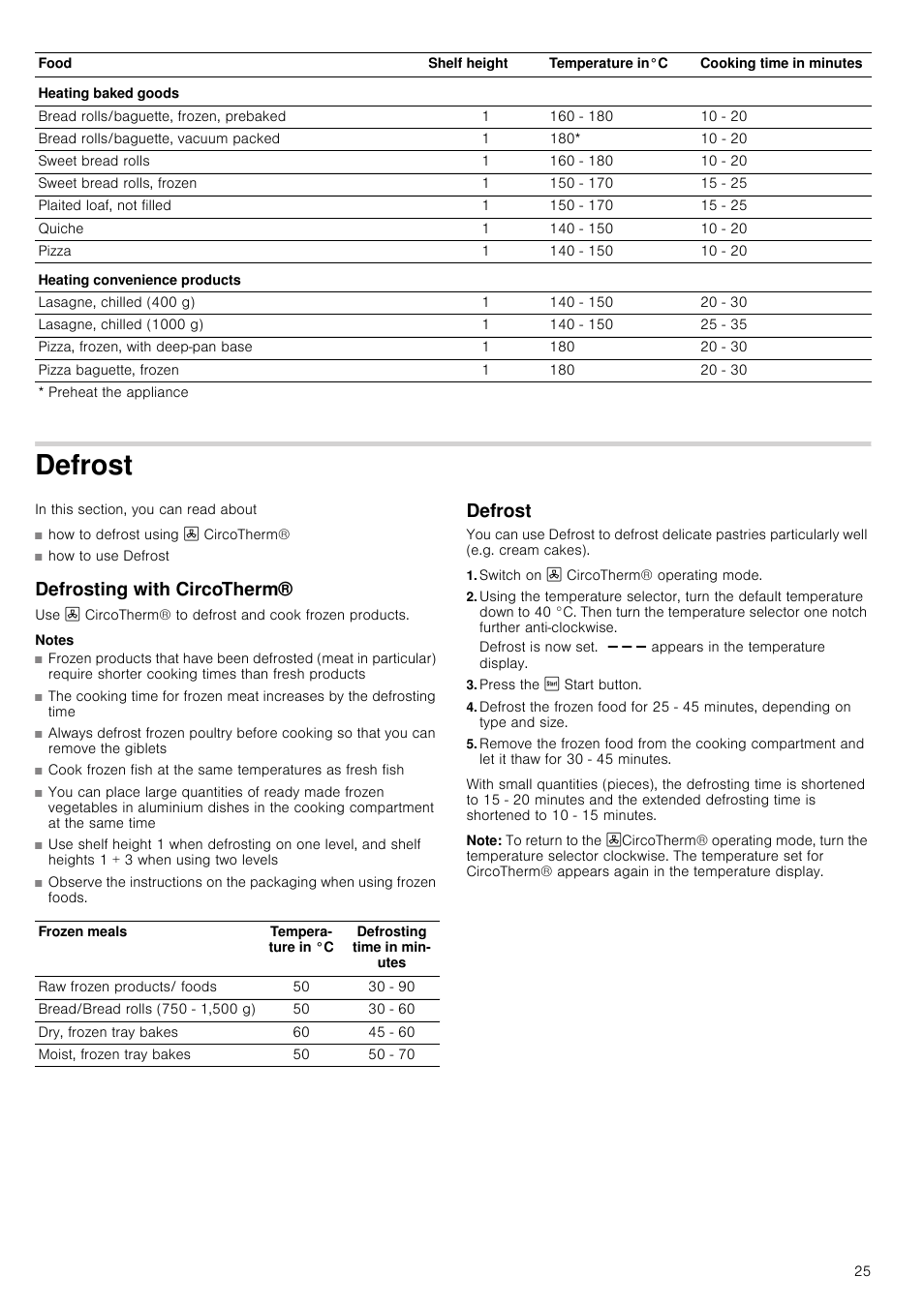 Defrost, Defrosting with circotherm, Notes | Switch on 3 circotherm® operating mode, Press the ƒ start button, Note, Defrost defrosting with circotherm® defrost | Neff B45C52N3GB User Manual | Page 25 / 36