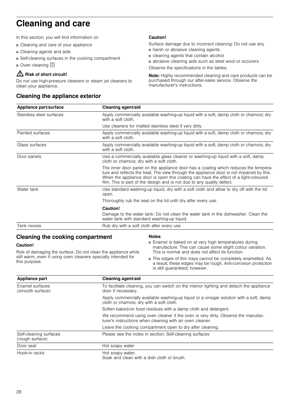 Cleaning and care, Risk of short circuit, Caution | Surface damage due to incorrect cleaning, Note, Cleaning the appliance exterior, Damage to the water tank, Cleaning the cooking compartment, Notes | Neff B45C52N3GB User Manual | Page 28 / 36