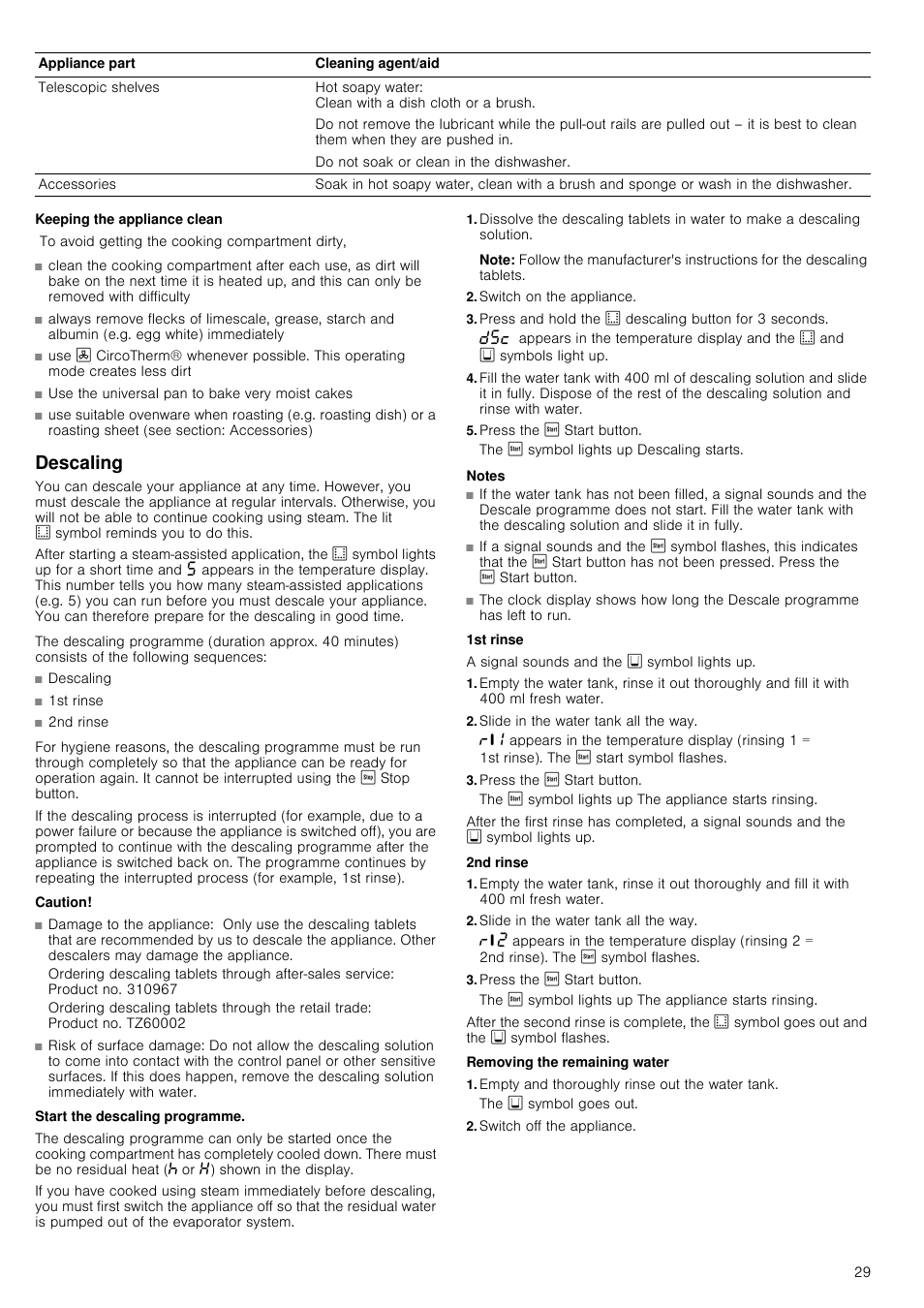 Keeping the appliance clean, Descaling, Caution | Damage to the appliance, Risk of surface damage, Start the descaling programme, Note, Switch on the appliance, Press the ƒ start button, Notes | Neff B45C52N3GB User Manual | Page 29 / 36