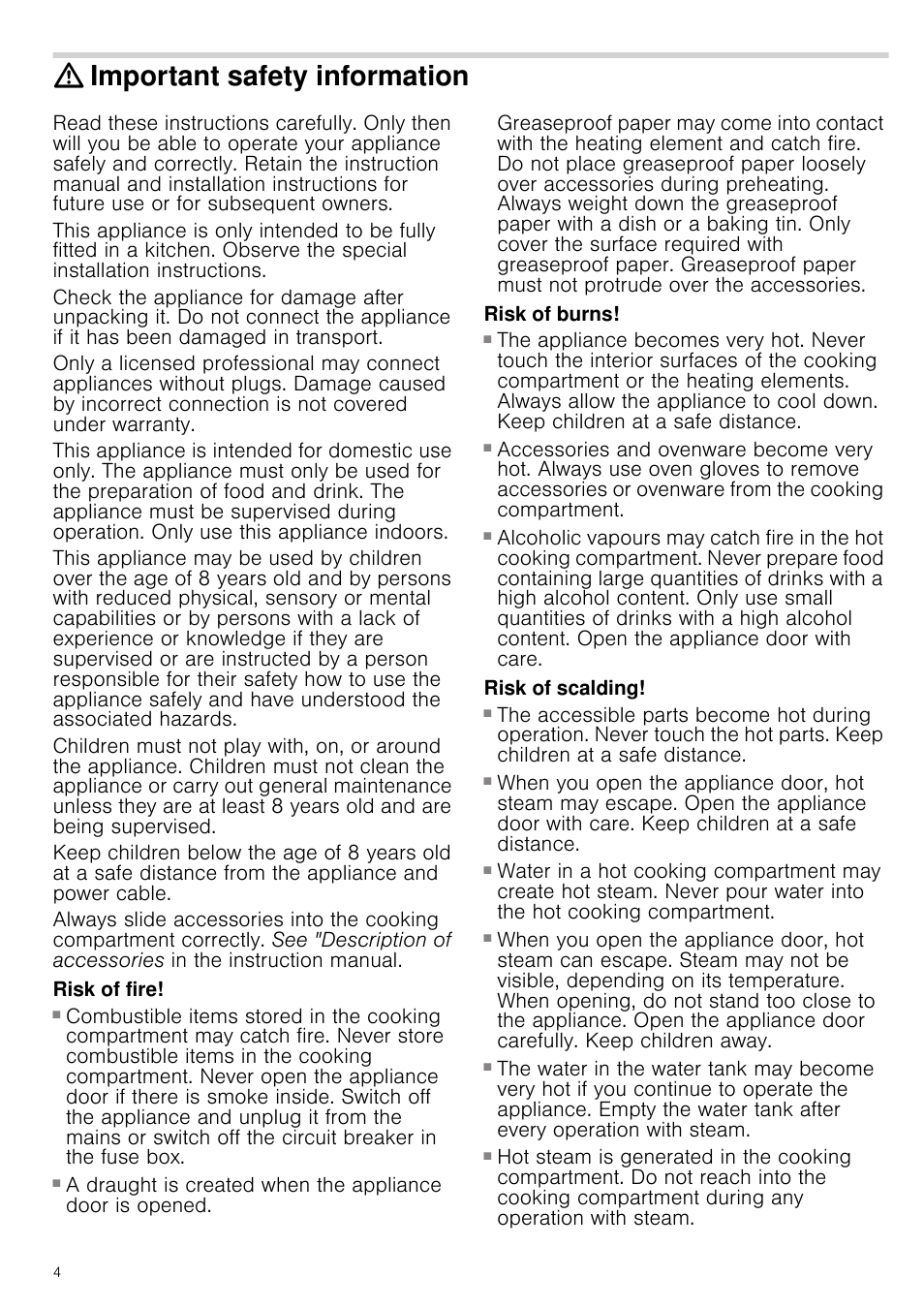 Important safety information, Risk of fire, Risk of burns | Risk of serious burns, Risk of scalding, Ormation | Neff B45C52N3GB User Manual | Page 4 / 36