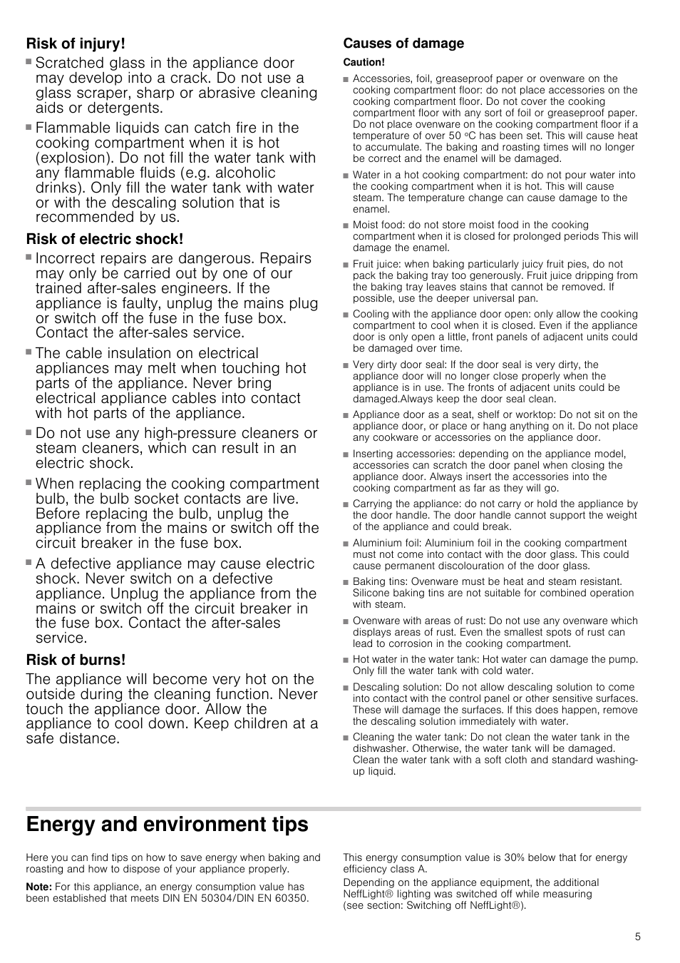 Risk of injury, Risk of injury and risk of fire, Risk of electric shock | Risk of electric shock and serious injury, Risk of burns, Causes of damage, Caution, Energy and environment tips, Note, Vironment tips | Neff B45C52N3GB User Manual | Page 5 / 36