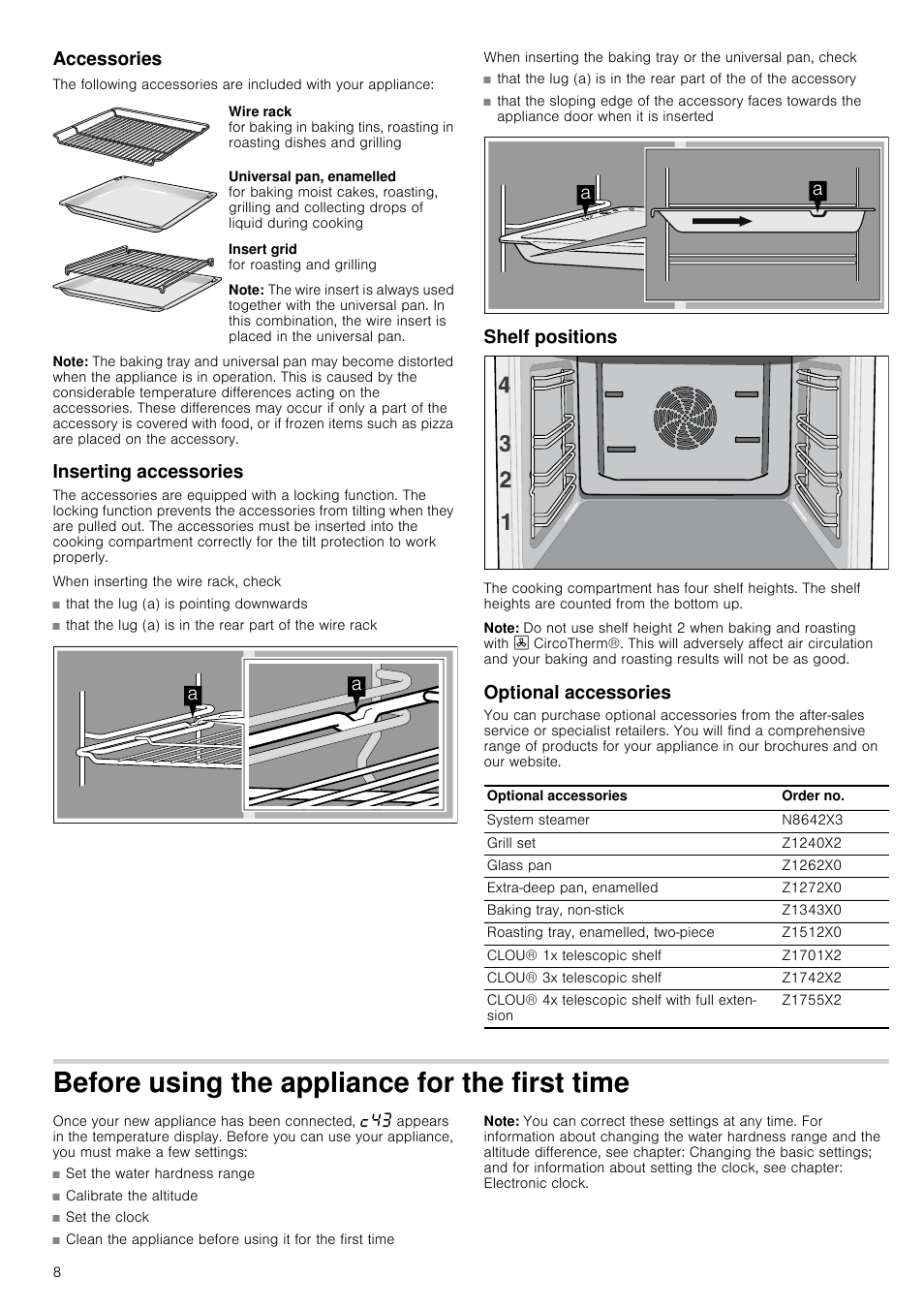 Accessories, Note, Inserting accessories | Shelf positions, Optional accessories, Before using the appliance for the first time, Rst time | Neff B45C52N3GB User Manual | Page 8 / 36