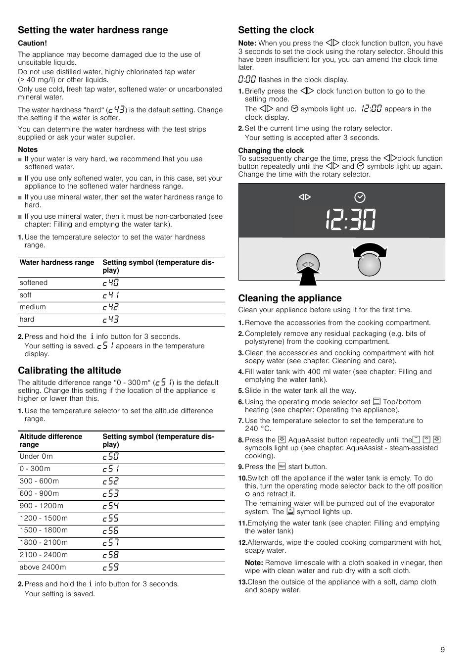 Setting the water hardness range, Caution, Notes | Press and hold the ± info button for 3 seconds, Calibrating the altitude, Setting the clock, Note, Set the current time using the rotary selector, Cleaning the appliance, Slide in the water tank all the way | Neff B45C52N3GB User Manual | Page 9 / 36
